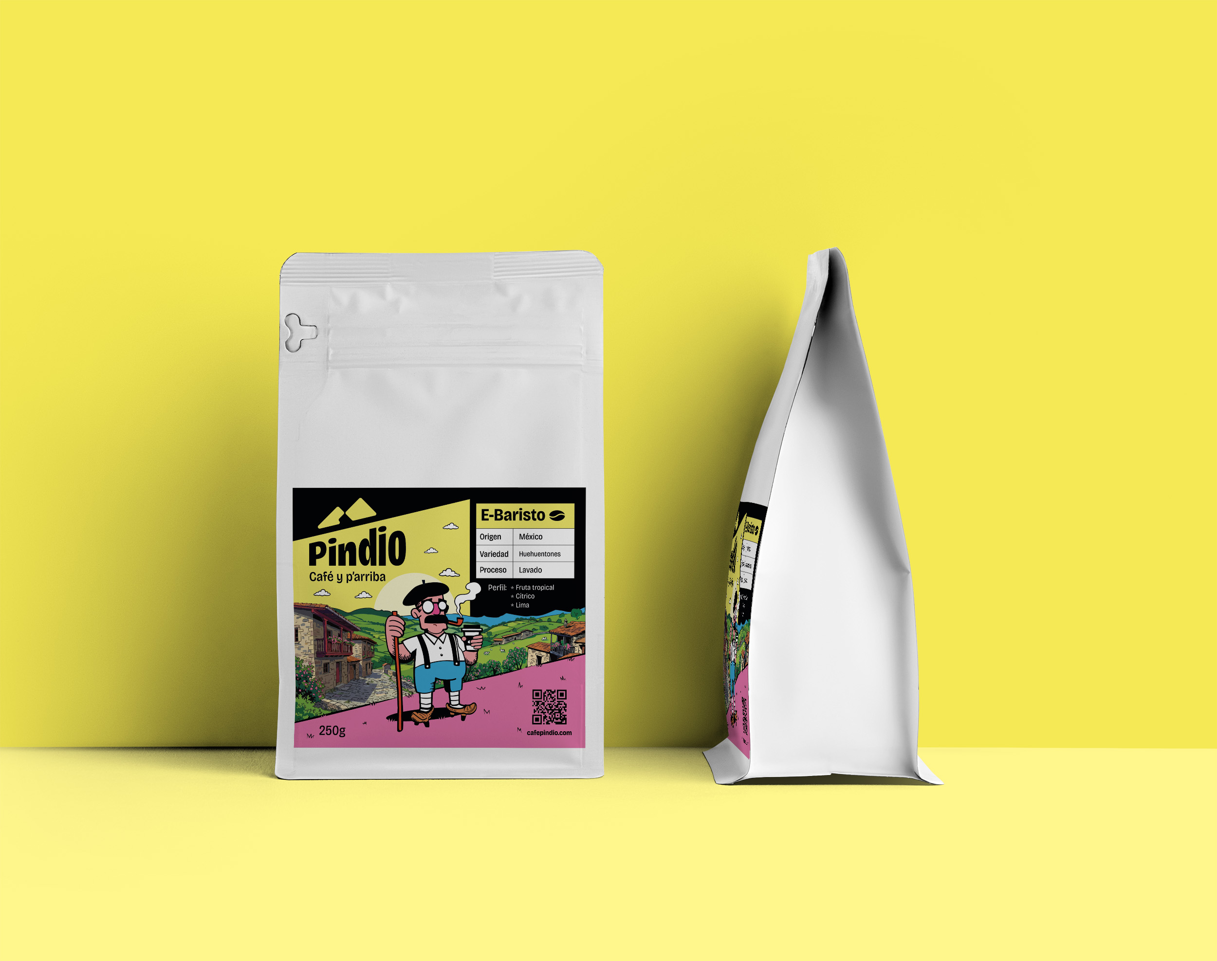 Vista frontal y de perfil del café de especialidad E-Baristo, café Pindio